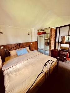 KhadkagaonAvocado Cottages的一间卧室配有一张大床和镜子