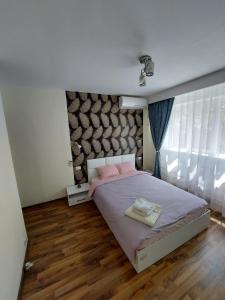普洛耶什蒂Eugenia Apartament的一间卧室配有带粉红色枕头的床。