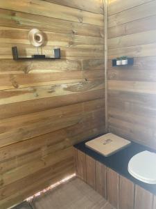 索姆勒兹La bulle du Bon'Heure的一间带卫生间和木墙的浴室