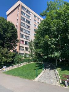 布拉索夫Victoriei Boulevard Private Apartment的一座带长凳和树木的公园