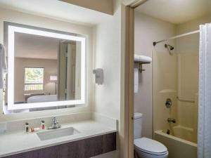 克莱门森Days Inn by Wyndham Clemson的一间带水槽、卫生间和镜子的浴室