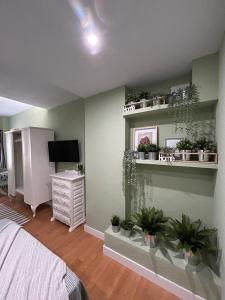 阿尔巴塞特Green Suite的卧室,墙上挂着盆栽植物,配有床