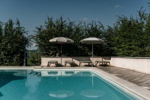 阿尔巴卡萨斯卡帕隆酒店的一个带两把椅子和两把遮阳伞的游泳池