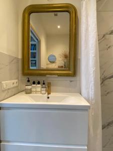 阿姆斯特丹Vondelpark Suite的浴室设有白色水槽和金色镜子