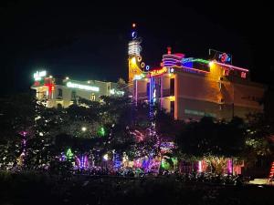 Phường SáuHÀ ANH hotel的夜夜夜亮的城市,有圣诞灯