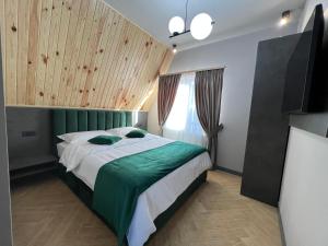 博尔沙CABANA 7 CRESTE的一间卧室配有一张带绿色床单的床和电视。