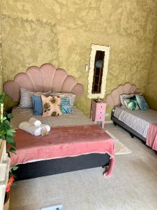 乌巴图巴Gruta da Sereia Suítes Ubatuba的卧室配有一张粉红色的大床和镜子