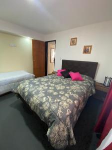梅洛Hospedaje en Merlo的卧室配有一张带粉红色枕头的大床