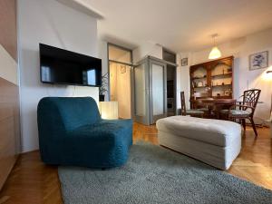 萨格勒布Lanište - Prelijep stan, balkon, wifi + besplatan parking的客厅配有蓝椅和电视