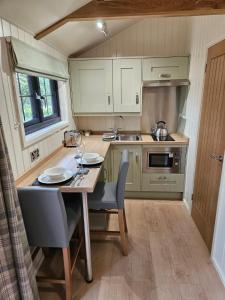 卡纳芬Woodland Shepherds Hut - 'Saga'的小厨房配有桌椅和水槽