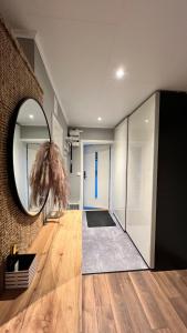 卢恩斯基尔Holiday Home Ljungskile的客房设有镜子和铺有木地板的走廊