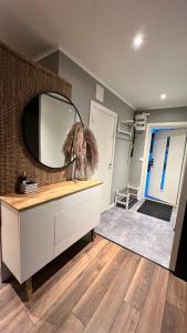 卢恩斯基尔Holiday Home Ljungskile的一间带镜子的墙壁和梳妆台的浴室