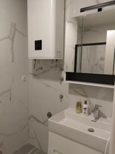 特雷比涅Apartman Herc的白色的浴室设有水槽和镜子