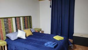 伊瓜苏港Minicasa Rural Maria Preta的一间卧室配有蓝色的床、蓝色床单和黄色枕头