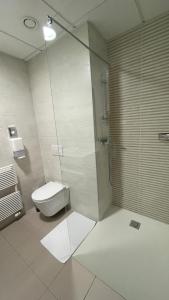多博沃温可酒店的一间带卫生间和玻璃淋浴间的浴室