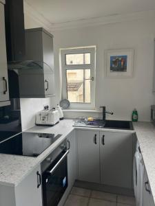 亚历山德里亚Loch Lomond Apartment的厨房配有白色橱柜、水槽和窗户。