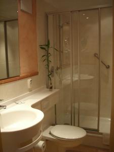 策拉-梅利斯索尔斯塔德特酒店的带淋浴、卫生间和盥洗盆的浴室