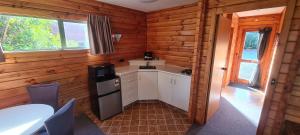汉默温泉森林山峰汽车旅馆的小木屋内的厨房配有水槽和炉灶