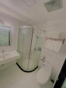 下龙湾Bài Thơ Mountain Hotel的带淋浴、卫生间和盥洗盆的浴室