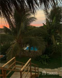 曼克拉Panorama garden inn的坐在棕榈树下,在游泳池边的木椅
