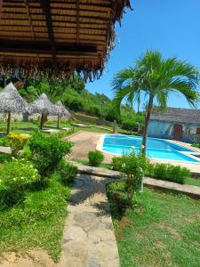 贝岛Auberge Le Lagon的一个带游泳池和棕榈树的度假村