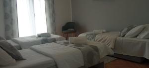 里耶卡Apartman Magnolija的带三张床、椅子和窗户的房间