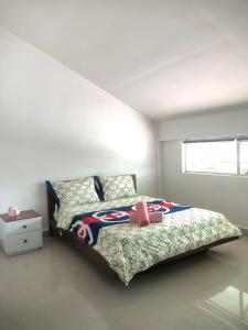 金边Yana House Phnom Penh的一间卧室配有一张带棒球被子的大床
