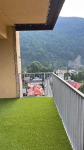 锡纳亚Hello Mountains Apartaments Sinaia的阳台享有绿色草地和建筑的景致。
