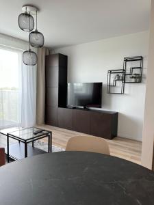 Prievoz2 room Apartment, new building, near Airport, Ovocné sady,的客厅配有黑桌和电视。