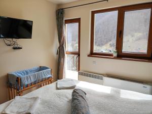 里巴里卡Терасите - Къща 4的一间卧室设有一张床、一台电视和窗户。