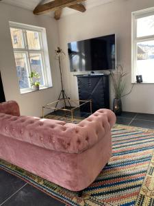 卢马Villa Deluxe at Brohuspark的客厅设有一张粉红色的沙发,配有电视