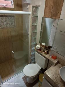 卡马拉吉贝Florcamará POUSADA的一间带卫生间和玻璃淋浴间的浴室