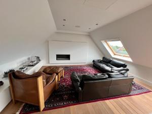 赫尔Luxury Business Accommodation Geel的客厅配有两张真皮沙发和一台电视机