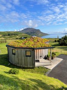 OllachIsle of Skye Rotunda的田野顶部有绿色屋顶的房子