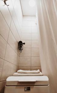 考纳斯Pakeliui的浴室设有淋浴,卫生间配有毛巾
