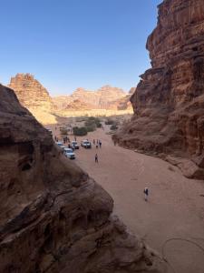瓦迪拉姆Wadi Rumman camp的一群人在沙漠的海滩上行走