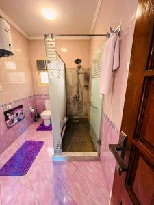 开罗Feel like home Luxury Apartment in family house的粉红色的浴室设有淋浴和卫生间