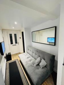 伦敦Exclusive Private One Bedroom Suite的带沙发和镜子的客厅