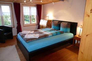BergFamily Landhaus Birwinken的一间卧室配有一张带蓝色床单的床和两个窗户。