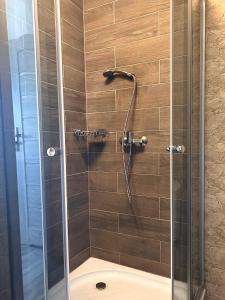 内克瑟Apartamenty Golf Dyndeby的玻璃门淋浴和淋浴器