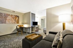 圣安东尼奥SpringHill Suites by Marriott San Antonio Medical Center/Northwest的一间客厅,客厅配有沙发和一张书桌,位于酒店的房间