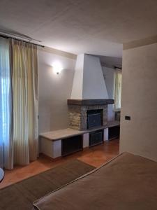 Serravalle delle LangheLA CASA DI TALIN的客厅设有壁炉和炉灶。