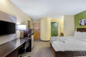 格林伍德村丹佛科技睡眠客栈酒店的酒店客房配有一张床和一张书桌及一台电视