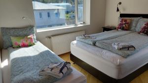 欧拉夫斯维克Olafsvik Guesthouse的一间卧室设有两张床和窗户。