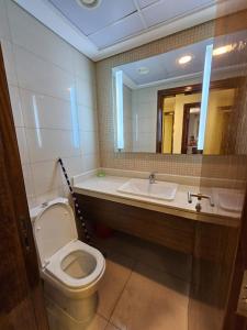 迪拜SKY 9 Hostel的一间带卫生间、水槽和镜子的浴室