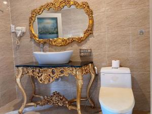 胡志明市CROWNE BUI VIEN Hotel的浴室设有盥洗盆和卫生间上方的镜子