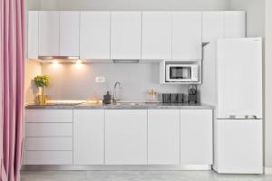 奥拉迪亚Andreea Studio的厨房配有白色橱柜和白色冰箱。