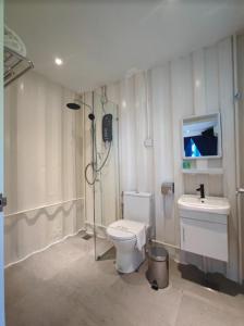 波德申Solesor Kampong Beach Resort的带淋浴、卫生间和盥洗盆的浴室