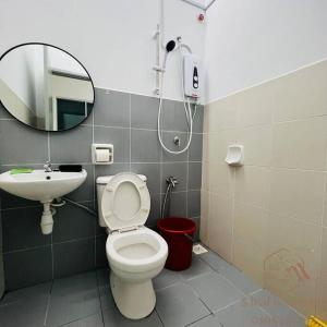 古来Jalan Sena Indahpura Landed House的一间带卫生间、水槽和镜子的浴室