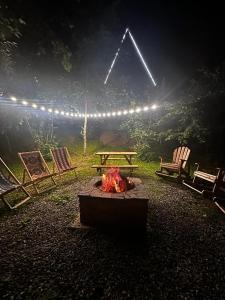 MerisiGreenWood Cottages Merisi的火坑,配有椅子和野餐桌及灯